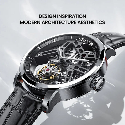 AGELOCER Original Tourbillon Watch Men's Business Formal Luxury Skeleton Manual Mechanical Watch Birthday Gift for Men