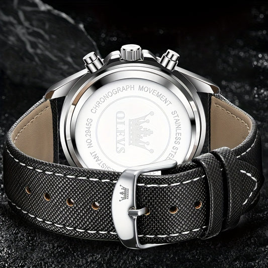 Big Face OLEVS Mens Watch Classic Luxury Leather Strap Chronograph Casual Fashion Dress Analog Quartz Wrist Watch Moon Phase Waterproof Luminous Date Design Male Watch Relojes De Hombre Black/White/Blue/Green Dial