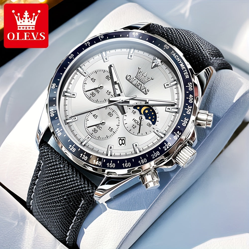 Big Face OLEVS Mens Watch Classic Luxury Leather Strap Chronograph Casual Fashion Dress Analog Quartz Wrist Watch Moon Phase Waterproof Luminous Date Design Male Watch Relojes De Hombre Black/White/Blue/Green Dial