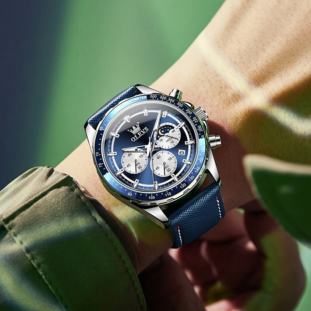 Big Face OLEVS Mens Watch Classic Luxury Leather Strap Chronograph Casual Fashion Dress Analog Quartz Wrist Watch Moon Phase Waterproof Luminous Date Design Male Watch Relojes De Hombre Black/White/Blue/Green Dial