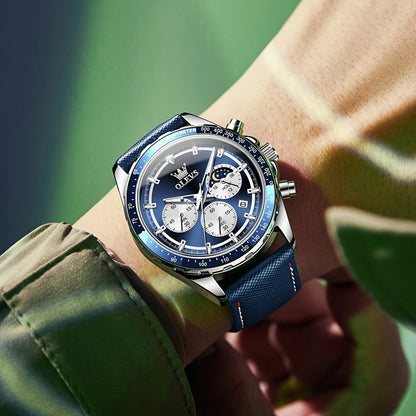 Big Face OLEVS Mens Watch Classic Luxury Leather Strap Chronograph Casual Fashion Dress Analog Quartz Wrist Watch Moon Phase Waterproof Luminous Date Design Male Watch Relojes De Hombre Black/White/Blue/Green Dial