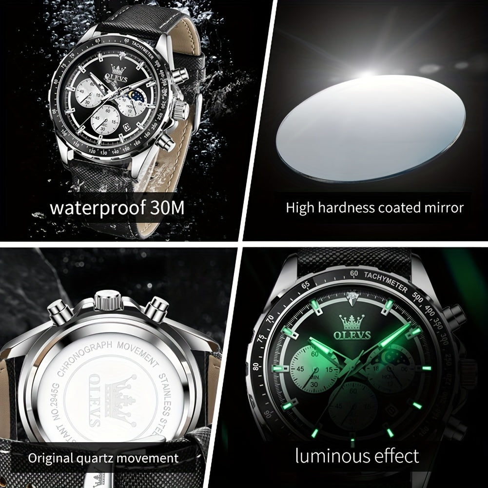 Big Face OLEVS Mens Watch Classic Luxury Leather Strap Chronograph Casual Fashion Dress Analog Quartz Wrist Watch Moon Phase Waterproof Luminous Date Design Male Watch Relojes De Hombre Black/White/Blue/Green Dial