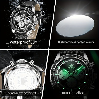 Big Face OLEVS Mens Watch Classic Luxury Leather Strap Chronograph Casual Fashion Dress Analog Quartz Wrist Watch Moon Phase Waterproof Luminous Date Design Male Watch Relojes De Hombre Black/White/Blue/Green Dial