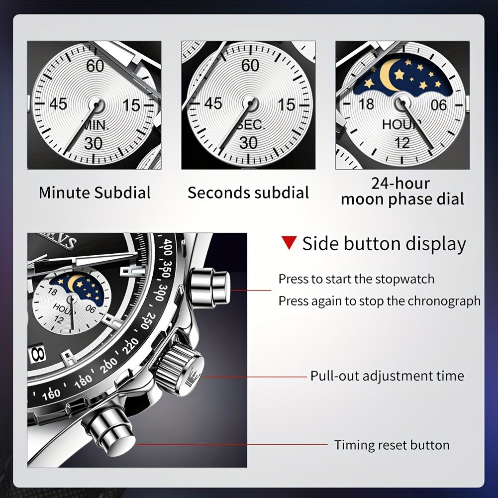 Big Face OLEVS Mens Watch Classic Luxury Leather Strap Chronograph Casual Fashion Dress Analog Quartz Wrist Watch Moon Phase Waterproof Luminous Date Design Male Watch Relojes De Hombre Black/White/Blue/Green Dial