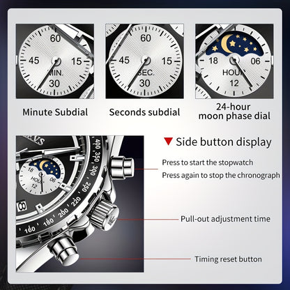Big Face OLEVS Mens Watch Classic Luxury Leather Strap Chronograph Casual Fashion Dress Analog Quartz Wrist Watch Moon Phase Waterproof Luminous Date Design Male Watch Relojes De Hombre Black/White/Blue/Green Dial