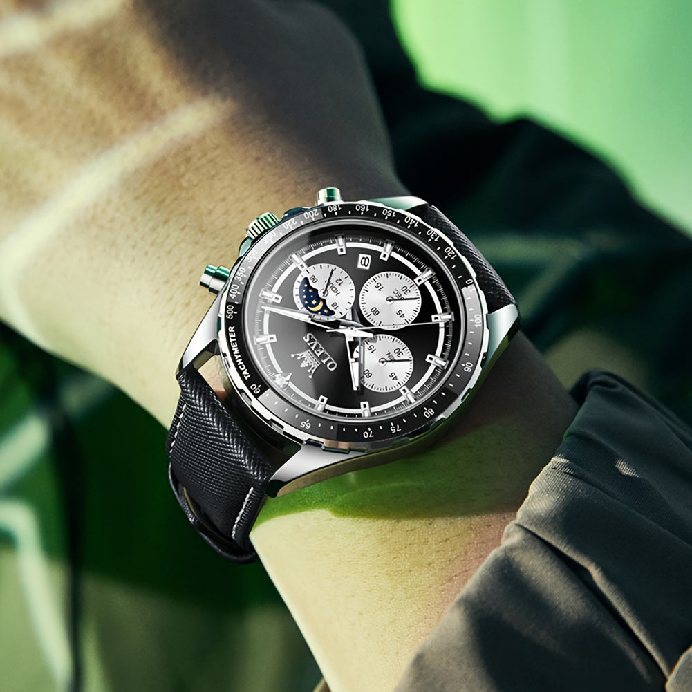 Big Face OLEVS Mens Watch Classic Luxury Leather Strap Chronograph Casual Fashion Dress Analog Quartz Wrist Watch Moon Phase Waterproof Luminous Date Design Male Watch Relojes De Hombre Black/White/Blue/Green Dial