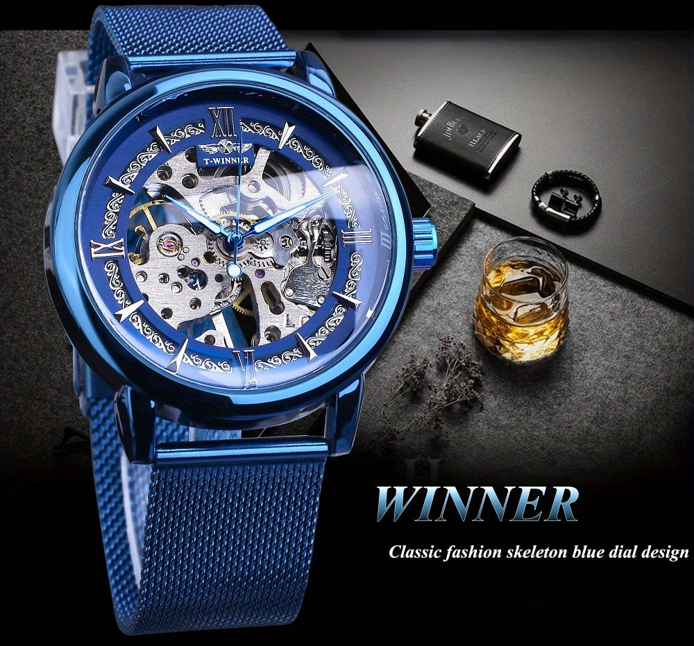 Stainless Steel Automatic Mens Watch - Fashionable Hollow Design, Mesh Strap, Water-resistant for Business & Casual Wear