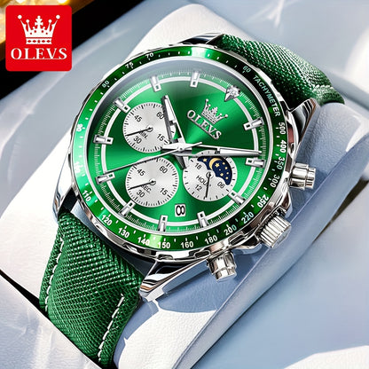 Big Face OLEVS Mens Watch Classic Luxury Leather Strap Chronograph Casual Fashion Dress Analog Quartz Wrist Watch Moon Phase Waterproof Luminous Date Design Male Watch Relojes De Hombre Black/White/Blue/Green Dial