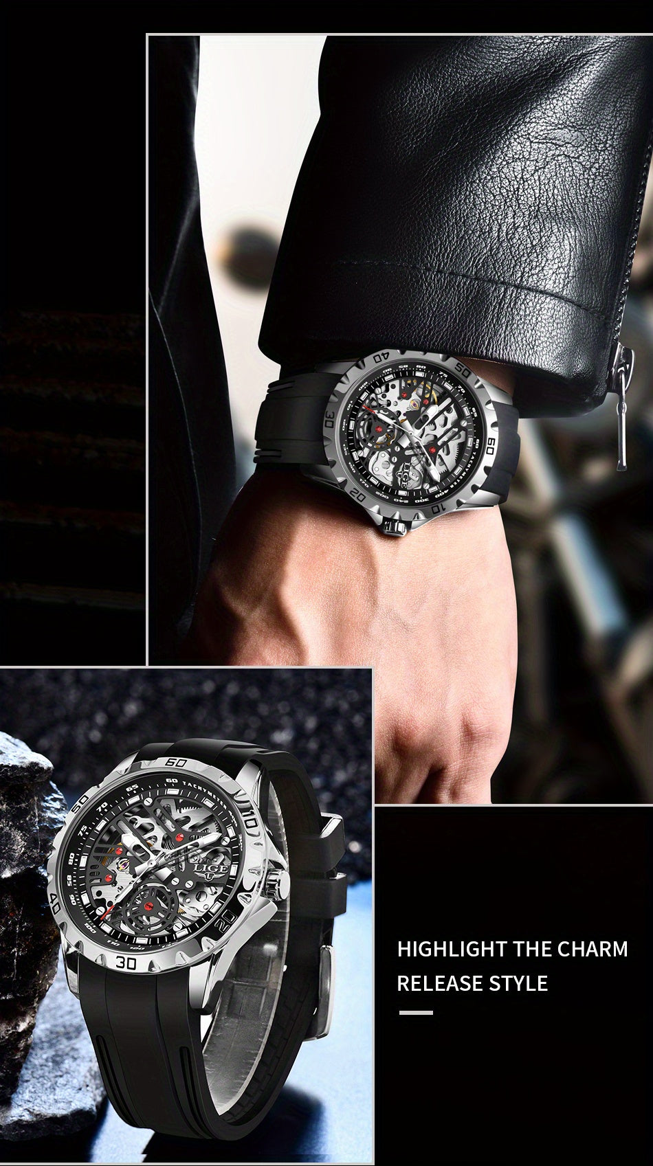 Luxury Automatic Watch for Women Valentine'S Gift Form LIGE Design Fashion Hollow Dial Mens Watch Automatic Wristwatch, LIG, Fashion Wristwatch, Elegant Timepiece, Modern Watch Design, Stylish Wristwatch, Silicone Strap Watch