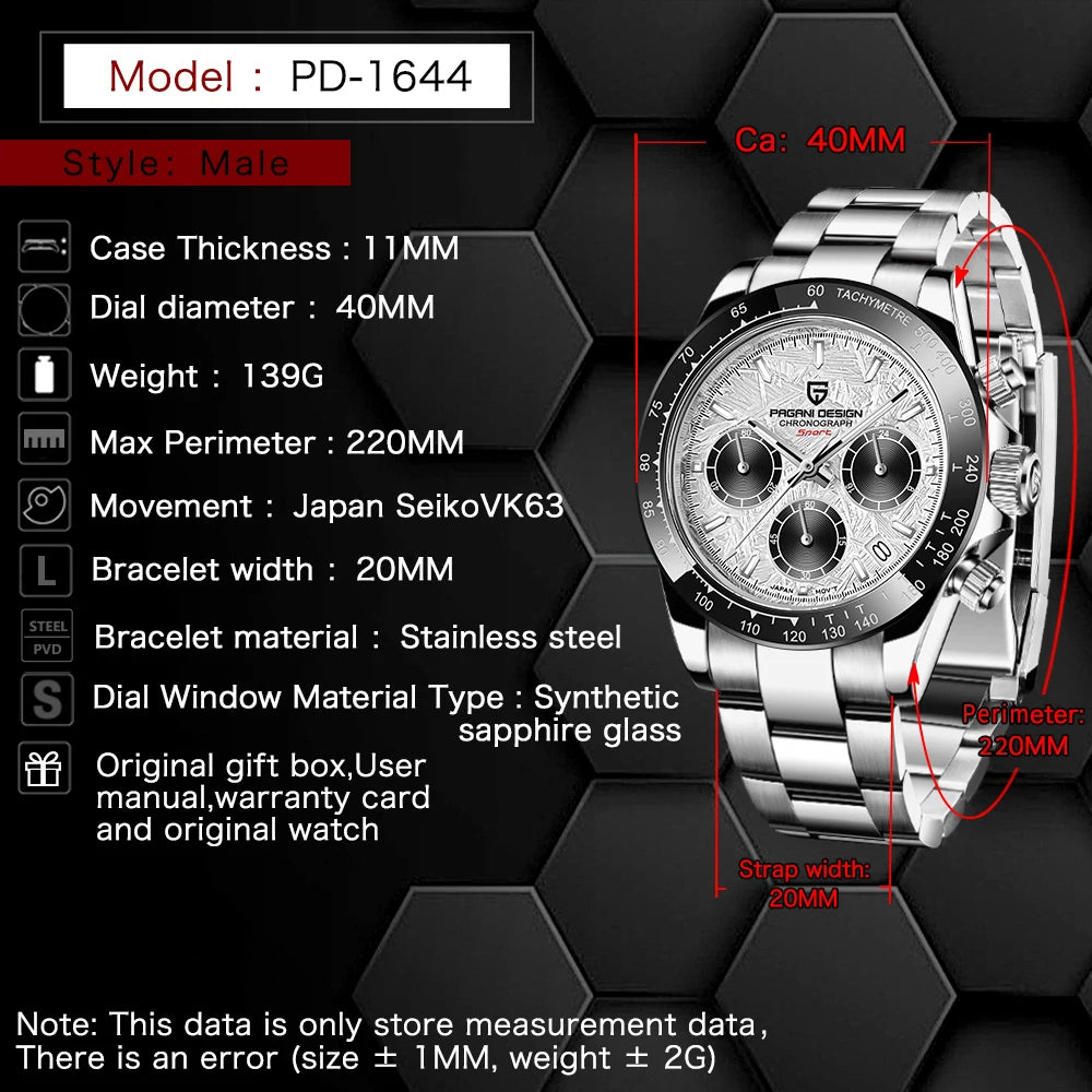 PAGANI DESIGN 2025 New PD-1644 Meteorite Dial Fashion Men Quartz Wristwatches 100M Sapphire Glass Chronograph relogio masculino