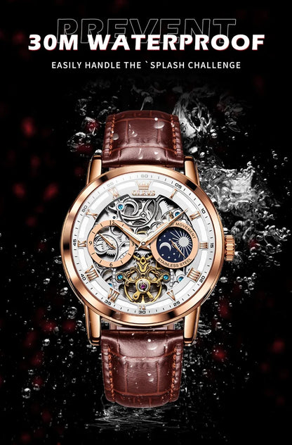 OLEVS 6670 Mechanical Fashion Watch Genuine Leather Watchband Round-dial Moon Phase Month Display