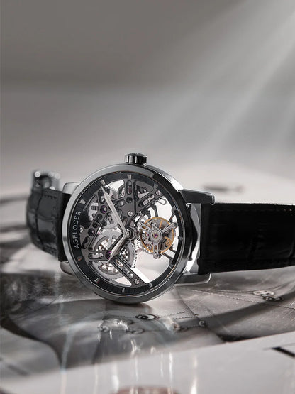AGELOCER Original Tourbillon Watch Men's Business Formal Luxury Skeleton Manual Mechanical Watch Birthday Gift for Men