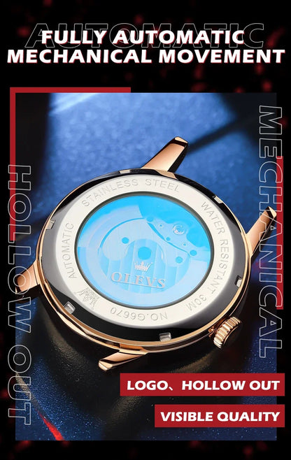 OLEVS 6670 Mechanical Fashion Watch Genuine Leather Watchband Round-dial Moon Phase Month Display