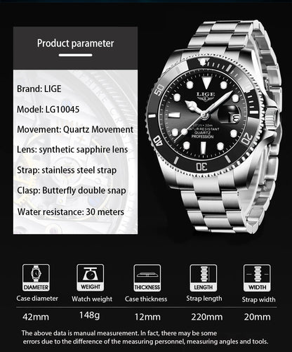 LIGE Watch For Men Top Brand Luxury Fashion Men Watch Casual Business Waterproof Chronograph Quartz Wristwatches Montre Homme