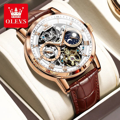 OLEVS 6670 Mechanical Fashion Watch Genuine Leather Watchband Round-dial Moon Phase Month Display