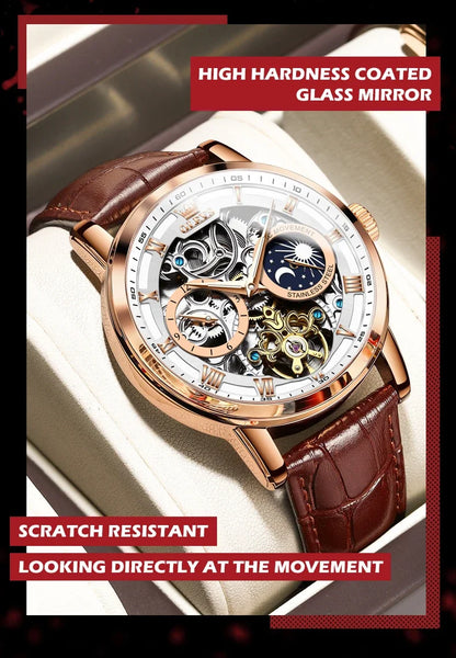 OLEVS 6670 Mechanical Fashion Watch Genuine Leather Watchband Round-dial Moon Phase Month Display