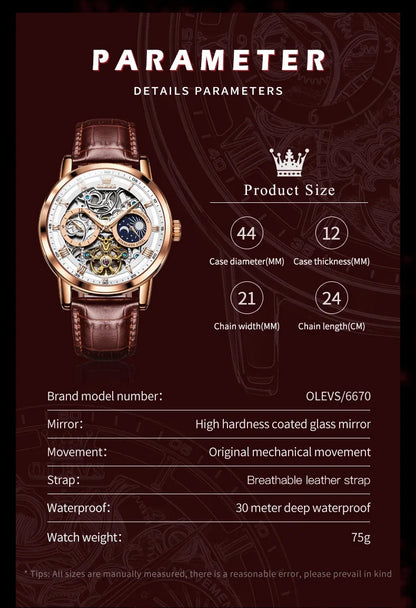 OLEVS 6670 Mechanical Fashion Watch Genuine Leather Watchband Round-dial Moon Phase Month Display