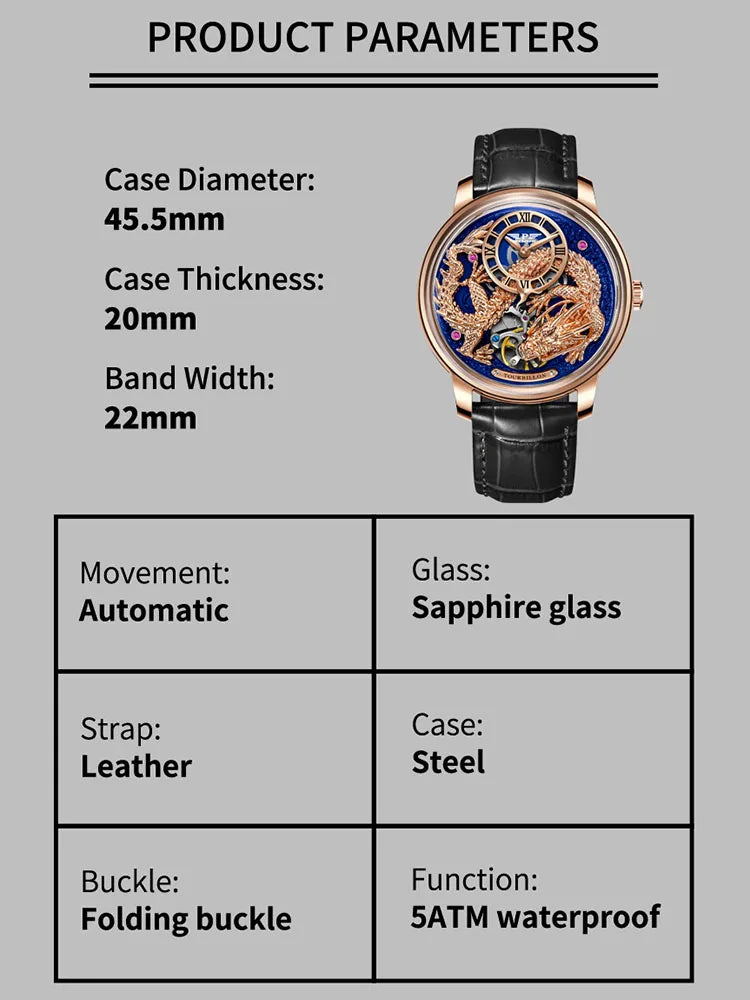 PINDU Designs Original New Men's Mechanical Watchew Dragon Series M2797B Automatic Movement Leather Sapphire Men Wristwatches