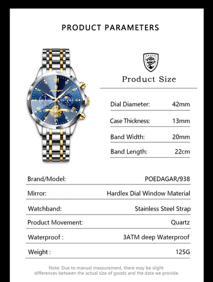 POEDAGAR Original Luxury Men's Watch Waterproof Luminous Chronograph Men Wristwatch Stainless Steel Quartz Watches For Man Reloj