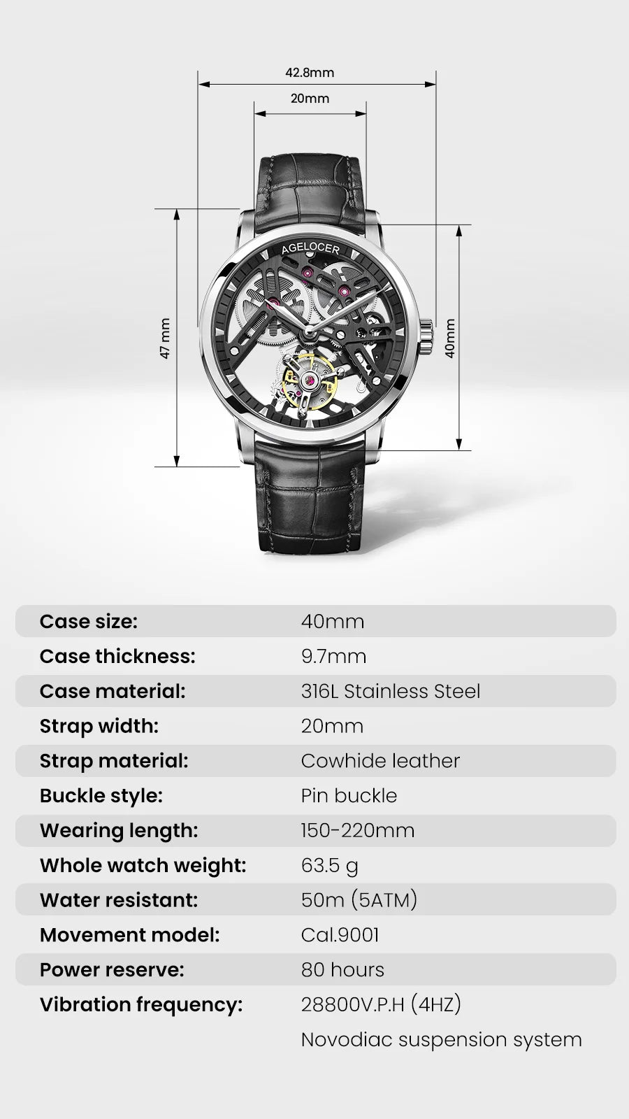 AGELOCER Original Tourbillon Watch Men's Business Formal Luxury Skeleton Manual Mechanical Watch Birthday Gift for Men