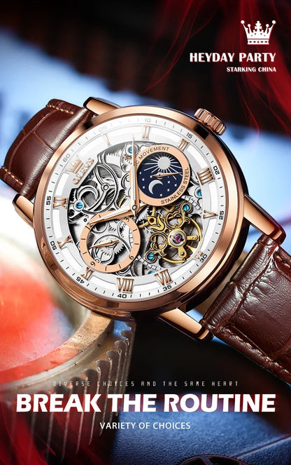OLEVS 6670 Mechanical Fashion Watch Genuine Leather Watchband Round-dial Moon Phase Month Display