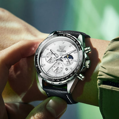 Big Face OLEVS Mens Watch Classic Luxury Leather Strap Chronograph Casual Fashion Dress Analog Quartz Wrist Watch Moon Phase Waterproof Luminous Date Design Male Watch Relojes De Hombre Black/White/Blue/Green Dial