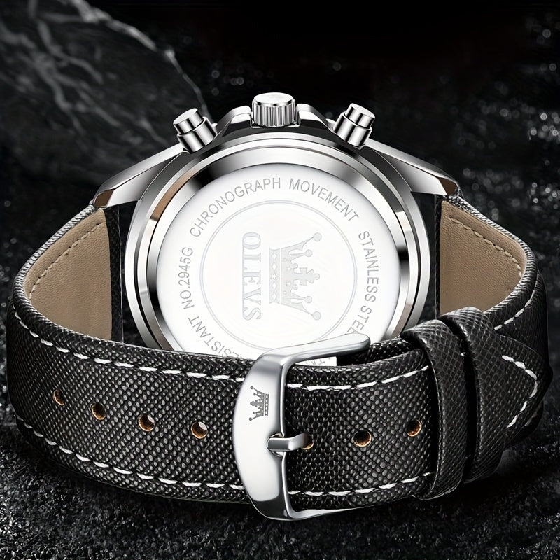 Big Face OLEVS Mens Watch Classic Luxury Leather Strap Chronograph Casual Fashion Dress Analog Quartz Wrist Watch Moon Phase Waterproof Luminous Date Design Male Watch Relojes De Hombre Black/White/Blue/Green Dial