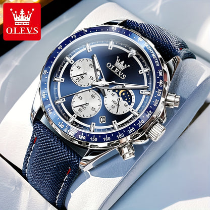 Big Face OLEVS Mens Watch Classic Luxury Leather Strap Chronograph Casual Fashion Dress Analog Quartz Wrist Watch Moon Phase Waterproof Luminous Date Design Male Watch Relojes De Hombre Black/White/Blue/Green Dial
