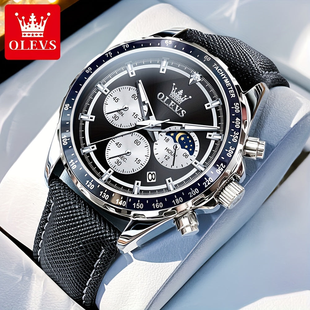 Big Face OLEVS Mens Watch Classic Luxury Leather Strap Chronograph Casual Fashion Dress Analog Quartz Wrist Watch Moon Phase Waterproof Luminous Date Design Male Watch Relojes De Hombre Black/White/Blue/Green Dial