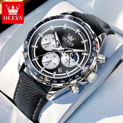 Big Face OLEVS Mens Watch Classic Luxury Leather Strap Chronograph Casual Fashion Dress Analog Quartz Wrist Watch Moon Phase Waterproof Luminous Date Design Male Watch Relojes De Hombre Black/White/Blue/Green Dial