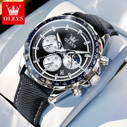 Big Face OLEVS Mens Watch Classic Luxury Leather Strap Chronograph Casual Fashion Dress Analog Quartz Wrist Watch Moon Phase Waterproof Luminous Date Design Male Watch Relojes De Hombre Black/White/Blue/Green Dial