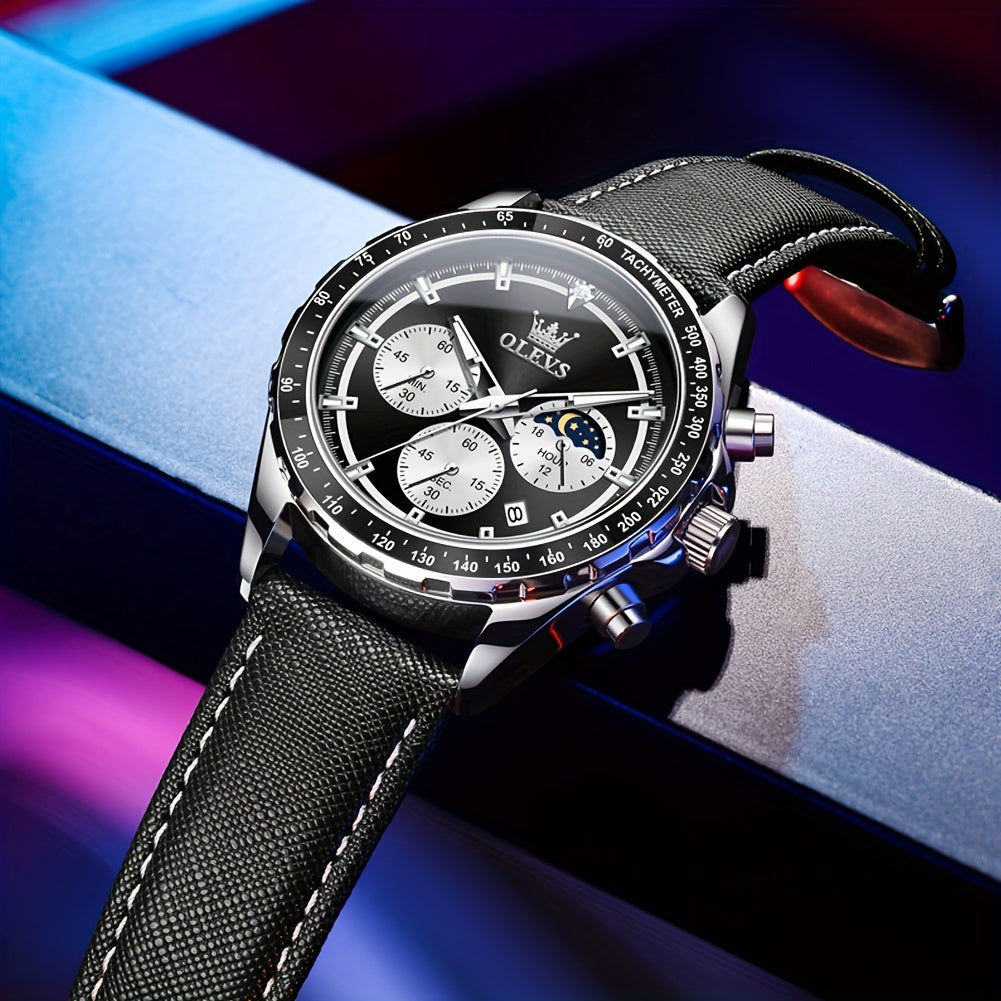 Big Face OLEVS Mens Watch Classic Luxury Leather Strap Chronograph Casual Fashion Dress Analog Quartz Wrist Watch Moon Phase Waterproof Luminous Date Design Male Watch Relojes De Hombre Black/White/Blue/Green Dial