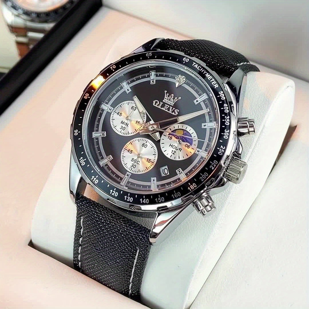 Big Face OLEVS Mens Watch Classic Luxury Leather Strap Chronograph Casual Fashion Dress Analog Quartz Wrist Watch Moon Phase Waterproof Luminous Date Design Male Watch Relojes De Hombre Black/White/Blue/Green Dial