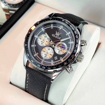 Big Face OLEVS Mens Watch Classic Luxury Leather Strap Chronograph Casual Fashion Dress Analog Quartz Wrist Watch Moon Phase Waterproof Luminous Date Design Male Watch Relojes De Hombre Black/White/Blue/Green Dial