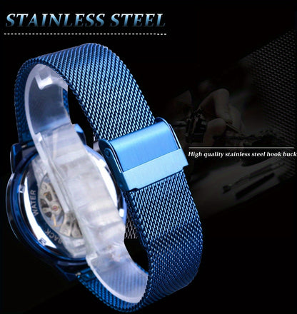 Stainless Steel Automatic Mens Watch - Fashionable Hollow Design, Mesh Strap, Water-resistant for Business & Casual Wear
