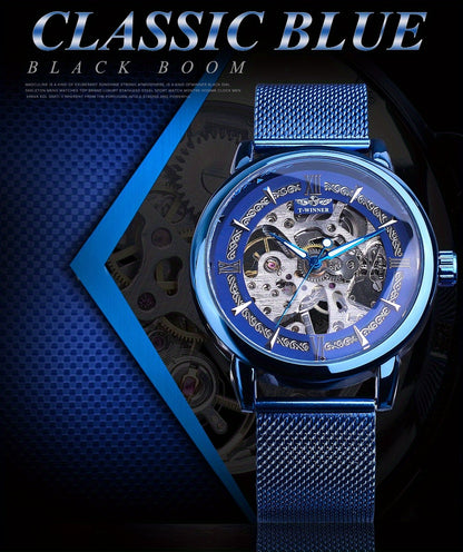 Stainless Steel Automatic Mens Watch - Fashionable Hollow Design, Mesh Strap, Water-resistant for Business & Casual Wear