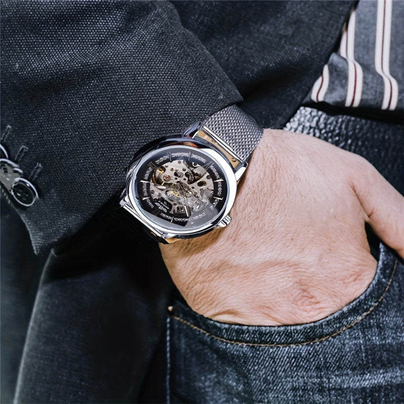 Stainless Steel Automatic Mens Watch - Fashionable Hollow Design, Mesh Strap, Water-resistant for Business & Casual Wear